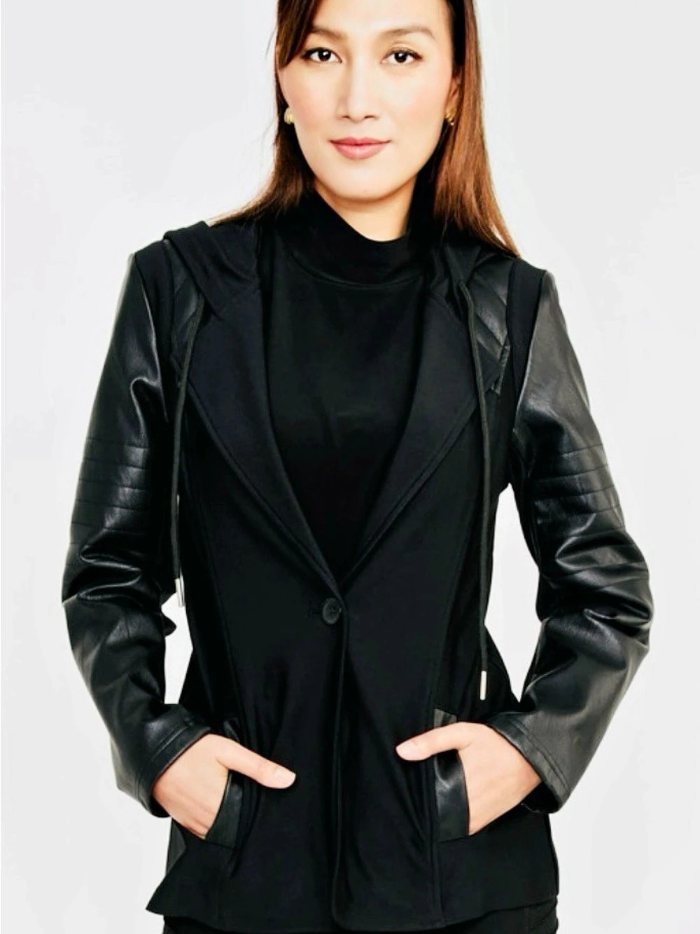Frank Lyman Black Hooded Faux Leather Jacket Like New